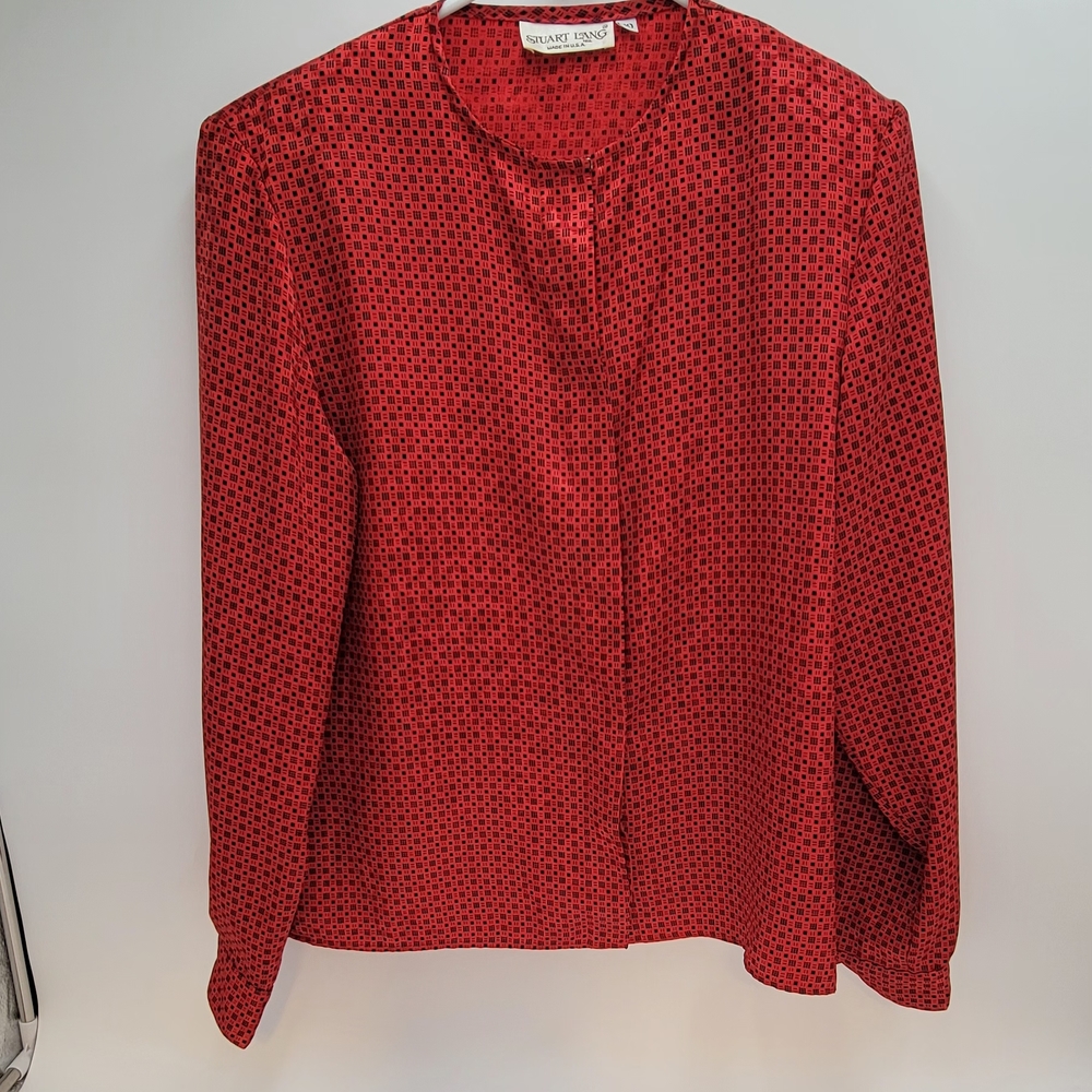 Vintage Stuart Lang Red, Made In USA Buttoned Blouse, Mandarin Collar. Size 10.